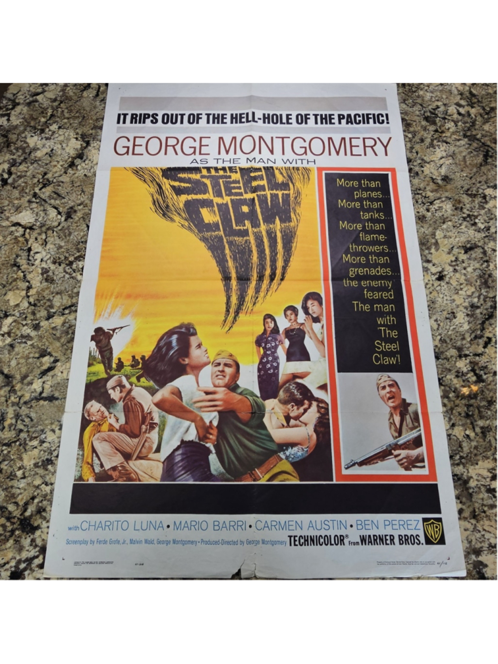 1961 The Steel Claw One Sheet Movie Poster George Montgomery Warner Bros 27x41